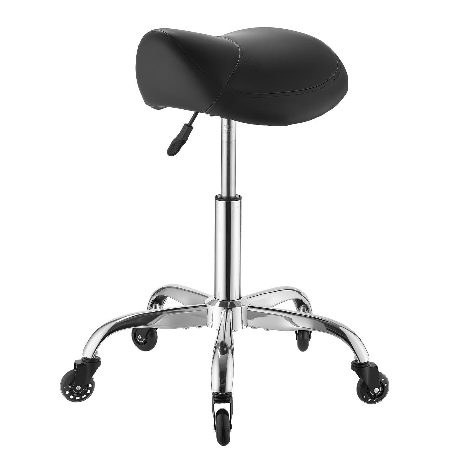 VEVOR Sgabello a Sella con Ruote, Sedile Ergonomico Portata Massima 226,8 kg, Altezza Regolabile, Rotelle Silenziose, in Similpelle, Girevole a 360° con Ruote, Colore Nero, per Spa Arredo Parruccheria