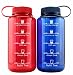 Cornucopia Brands Timed Water Bottles 32-Ounce Combo Pack (2-Pack, Blue/Red); Time Marker Tracker Goal Sports Bottles, Non-Toxic BPA-Free Tritan Plastic