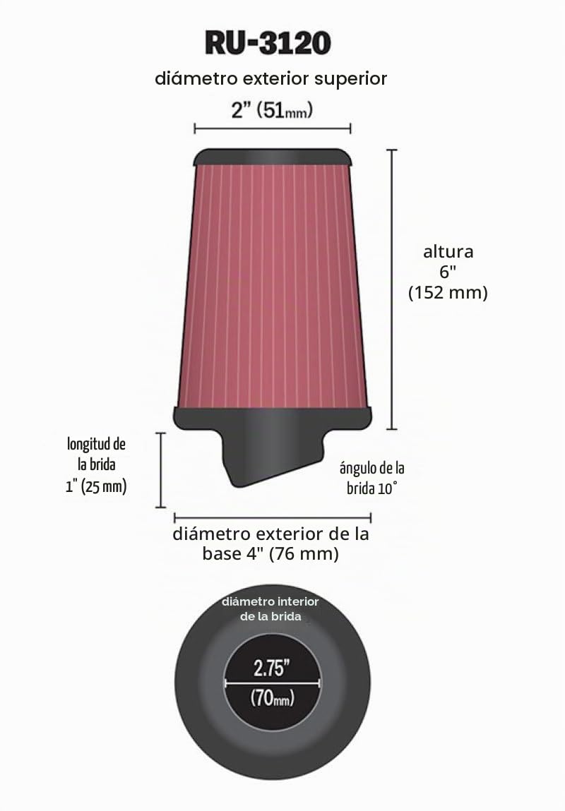 K&N RU-3120 Filtro de aire cónico, conexión de 70 mm Coche y Moto