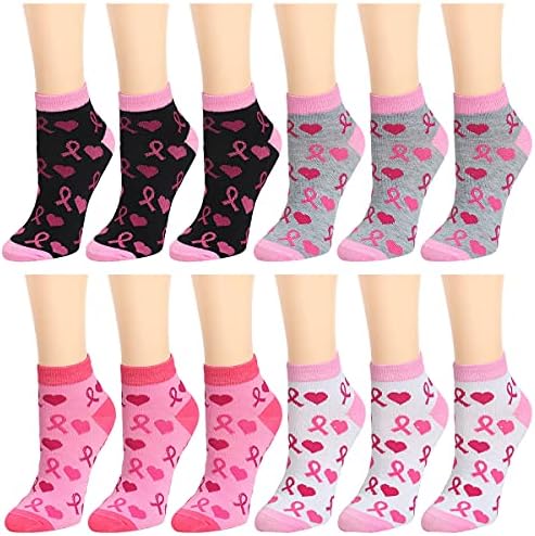 Falari 12-Pack Women's Ankle Socks Assorted Colors Size 9-11 (Pink Ribbon & Heart)