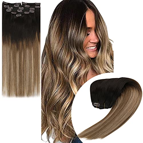 VeSunny Straight Clip in Hair Extensions, Darkest Brown Fading to Brown with Ash Blonde A #2/6/18A 100% Real Human Hair Clip in Extensions for full Head 20inch 7pcs 120g