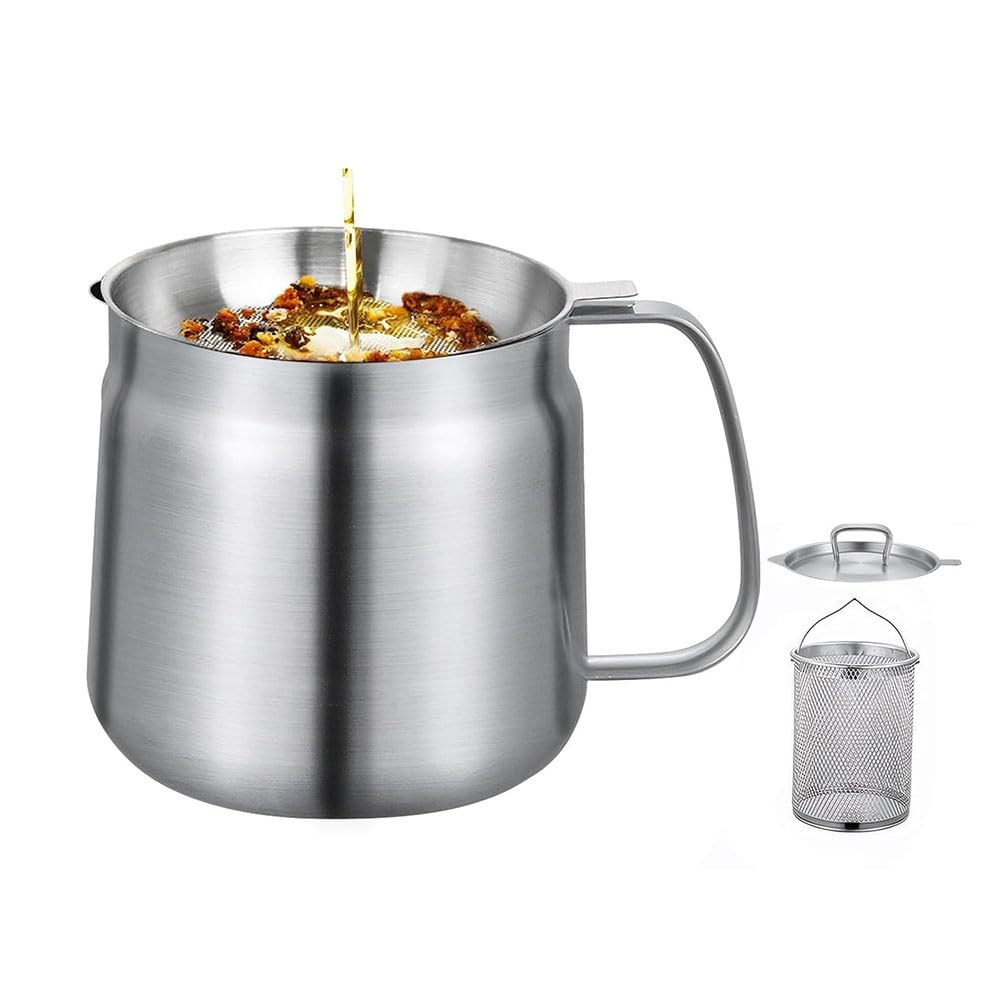 CTRLZS Deep Frying Basket, 3in1 Multifunctional Oil Strainer Pot 50oz/1.5L 304 Stainless Steel Grease Container for Kitchen