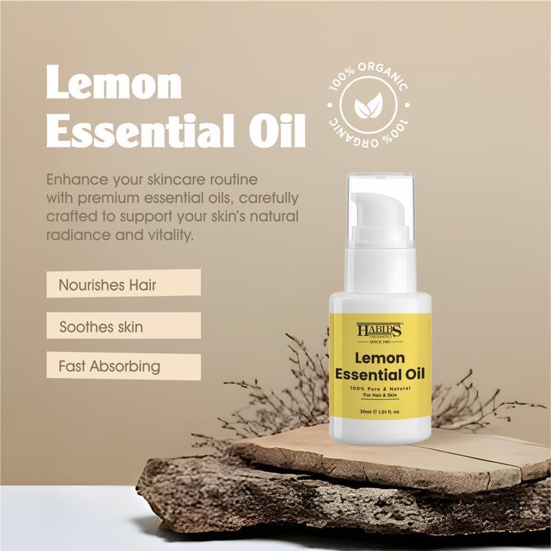 Image of Habibs Pure Lemon Essential Oil - 100% Undiluted, Therapeutic Grade for Uplifting Aromatherapy & Cleaning 30ML