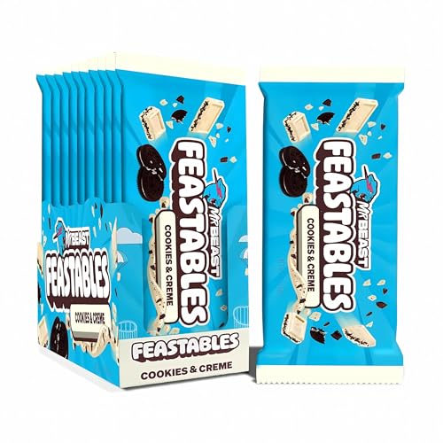 Feastables MrBeast Cookies & Creme – Chocolate blanco con trozos de galleta – Caja de 10 – Ideal como regalo (10×60g)