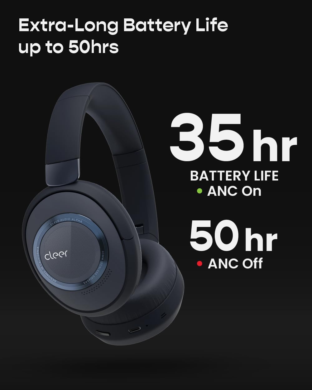 Cleer, Audio, Casque Bluetooth à réduction de Bruit Alpha, Microphone, Commandes tactiles extérieures, Autonomie de 35 Heures, Bleu Nuit