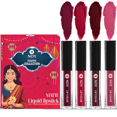 Image of Noy Festival Liquid Matte Lipstick Collection Pack of 4 Wine, Cherry Pink, Coffee Wine, Pruple Shades
