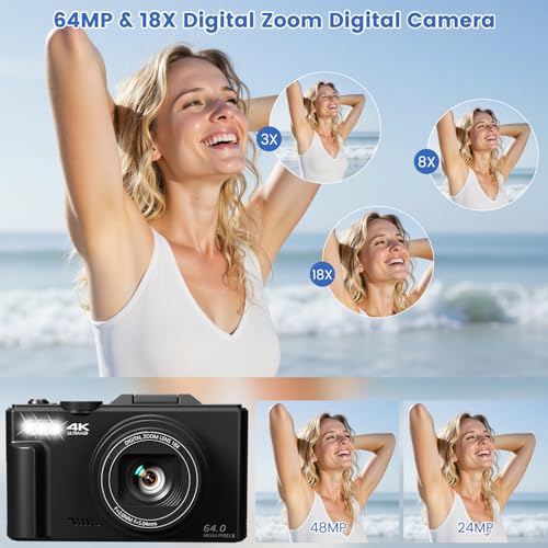 Image of 4K Digital Camera for Photography, 64MP HD WiFi Vlogging Camera for YouTube with 3 inch 180Flip Screen, 18X Digital Zoom,Autofocus Compact Camera with Flash,32GB TF Card & 2 Batteries(Black)