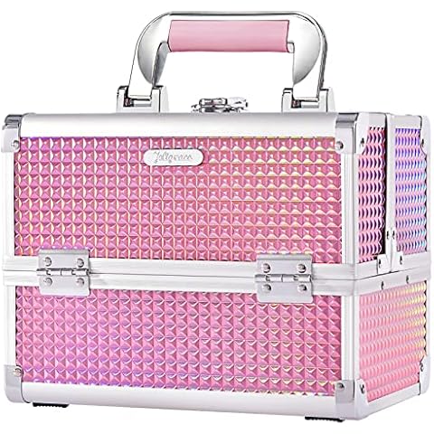 Vanity Case Makeup Storage Box with Mirror Beauty Storage Box Travel Makeup Case Portable Cosmetic Train Case Make Up Organiser Lockable with Keys for Girls Women, Dazzle Pink Cover