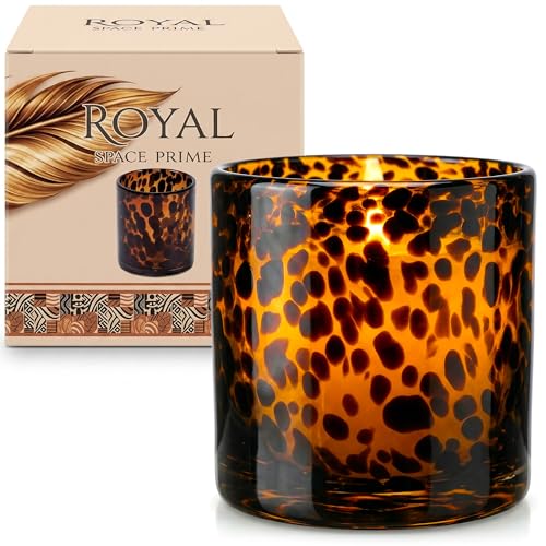 Tortoise Shell Candle Holder | Large Size 4.7 | Cheetah & Leopard Print Candle Holder | Large Amber Glass Votive for Vanity | Animal Pattern Glass Decor | Tea Light Jar Candle & Vanity Accent