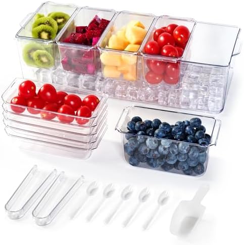 Chilled Condiment Tray Server with 5 Containers and Removable Compartments, Large Ice Chilled Condiment Organizer, Clear Garnish Serving Platter for Fruit, Salad, Food, Bar Accessories