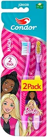 Condor, Escova de Dente Infantil, Barbie Júnior, Cerdas Macias, Cabo Ergonômico, Limpador de Língua Emborrachado, Cabeça P, Multicor, Leve 2 Pague 1