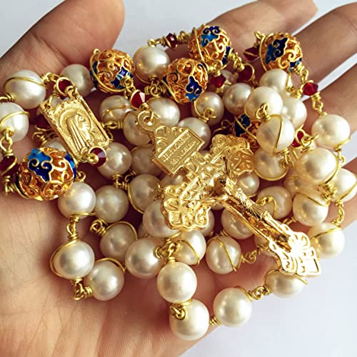elegantmedical HANDMADE plated gold Wire Wraped Bead AAA White 10mm Pearl Rosary Cross NECKLACE BOX3