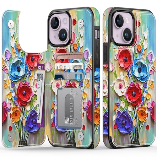 FUNMIKO Funda tipo cartera para iPhone 14 Plus con tarjetero, bloqueo RFID, protección contra caídas de grado militar y diseño de animales florales, cierre magnético con soporte de cuero, flores