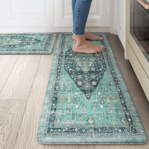 Collive Boho Teal Kitchen Rugs Sets of 2, Washable Kitchen Mats for Floor - image 1