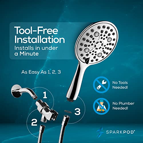 SparkPod 6 Spray Setting High Pressure Hand Held Shower Head - 6" Wide Angle Handheld Shower Head Set with Brass Swivel Ball Bracket and 70 Inch Long Hose - Luxury Design (Luxury Polished Chrome) thumbnail 4
