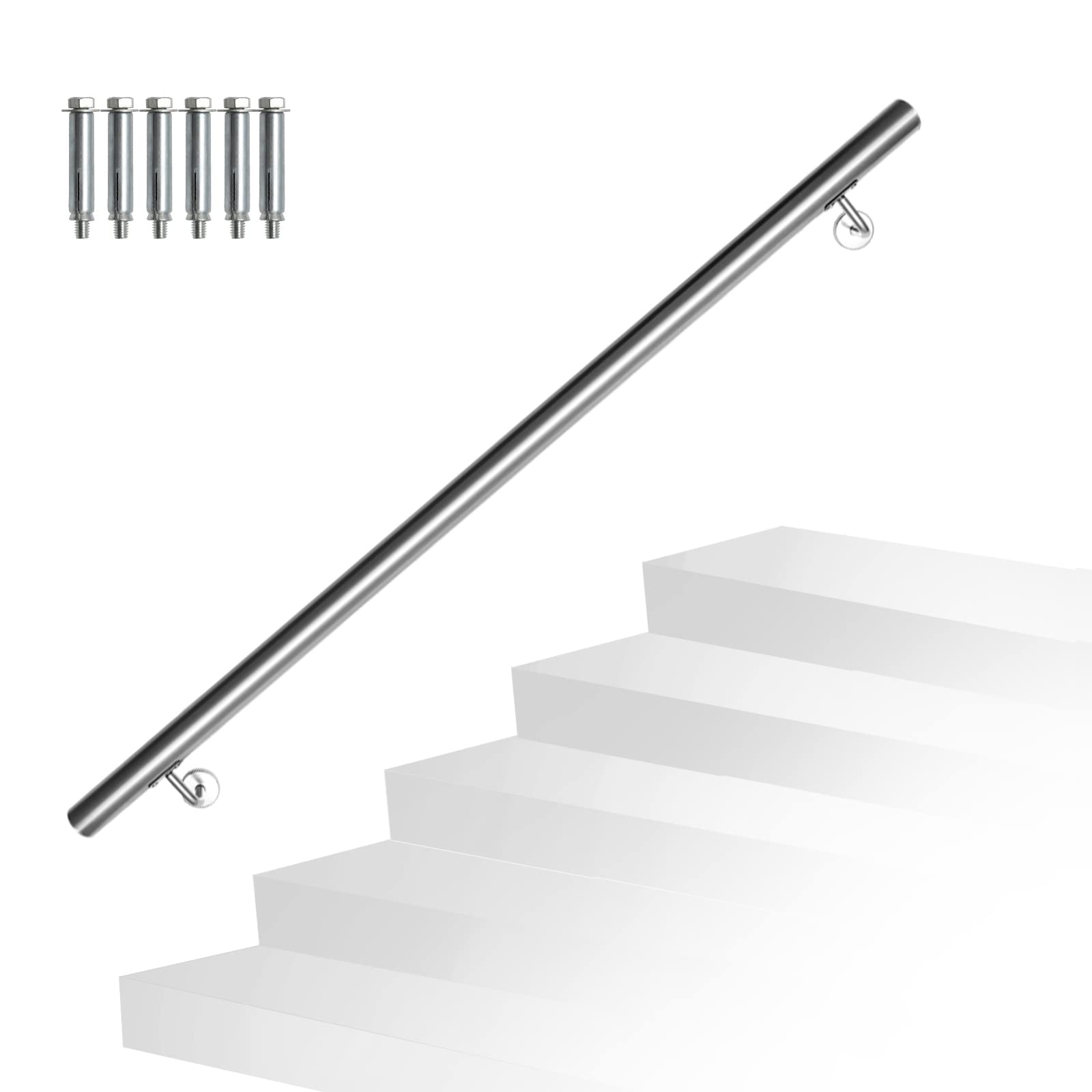 Randaco Pasamanos de acero inoxidable, pasamanos de pared, incluye soporte de pared y tapas finales, para interiores y exteriores, balcones, longitud: 120 cm