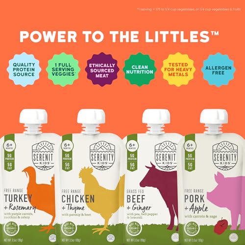 Image of Serenity Kids Baby Food Pouches, Meat Puree, Toddler Snack, 3.5 Oz, 24 Pack | 5g Protein per Pouch, No Added Sugar, 4 Savory Flavors, Meat & Veg Puree, Baby Snacks, Toddler Food, Recyclable Pouches