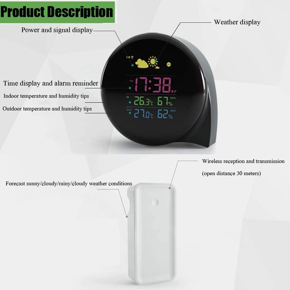 Estación meteorológica con Sensor inalámbrico, Reloj Despertador Circular de Mesa con Pantalla meteorológica, termómetro e higrómetro para Exteriores e Interiores.