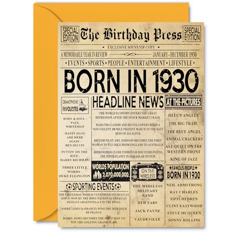 96th Birthday Card for Men Women - Bday Press Newspaper 1930 - Happy 96 Birthday Cards for Husband Wife Uncle Dad Auntie Nanny, A5 Bday Greeting Cards