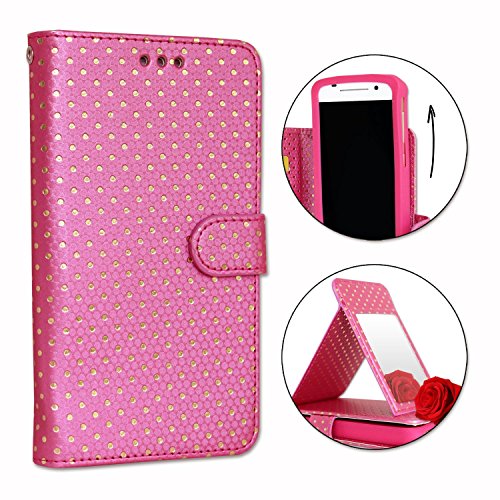 PH26® Funda tipo libro para Samsung Galaxy S5 Neo de lunares dorados de piel sintética con soporte para tarjetas, espejo y pespuntes