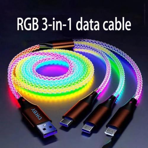 Image of 3 Combinations Multi Ports USB Charger Cable USB A to Micro USB /Type C PD Fast Charging Cord Light Up LED Current Flow to be a Night Light Compatible with Most of device-39 inches RGB