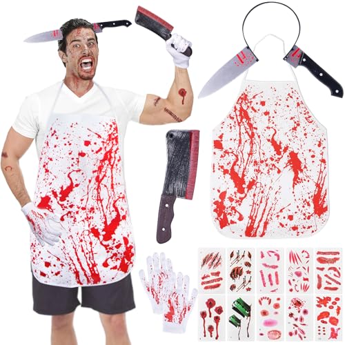 Greitsyy Halloween Butcher, accessorio per capelli con grembiule insanguinato di halloween con guanti, coltello insanguinato e cicatrici da tatuaggio di Halloween, per feste in costume di Carnevale