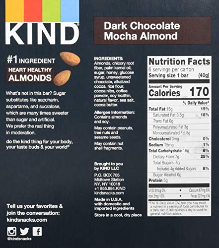 Image of KIND Nut Bars, Dark Chocolate Mocha Almond, Gluten Free, Low Sugar, 5g Protein, 6 Count (Pack of 4)