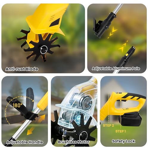 20V Mini Cordless Tiller for Gardening, 6 Lbs Ultra Lightweight Electric Garden Tiller for Women/Seniors, 6.3" Width & 4" Depth, Rototiller for Lawn/Soil Cultivation, Gardening Gifts for Parents by iToolMax - Image 5