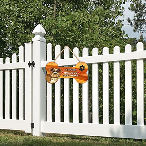 Image of CVANU Angry Dog MDF Wooden Pet Sign Plaque Bone Design A Spoiled Bulldog Lives Here Animal Love Sign Board, Name Plate for Dog House Brown & Yellow, Size(10x5) inch