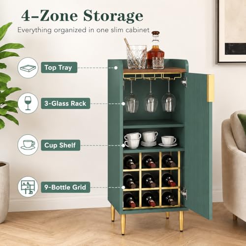 Image of ARTPOWER Mini Bar Cabinet for Apartment, Fluted Wine Bar Cart with Wine Racks & Wine Glass Holder, Modern Corner Liquor Cabinet for Living Room, Dining Room, Kitchenn(Green)