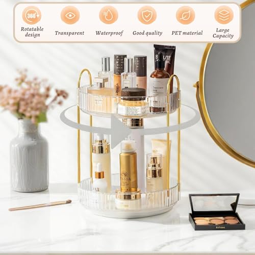 Make Up Kosmtik Organizer, 360° Drehbar Schminktisch Organizer, Multifunktion Schmink Aufbewahrungssystem Skincare für Dresser Schlafzimmer Badezimmer, 2 Schichten, Transparent 3