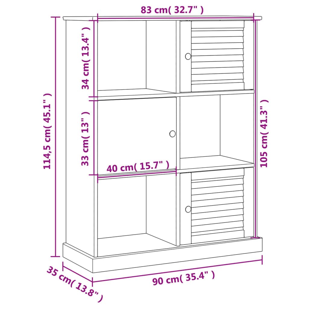 Libreria VIGO in legno di pino massiccio, 90 x 35 x 114,5 cm, con 6 scomparti e porte, spazio per libri, cartelle, documenti, salvaspazio, come divisorio per soggiorno, ufficio, cameretta