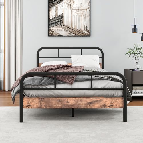 HOMERECOMMEND Moderne Metallbett Bettgestelle mit Lattenrost mit Holz Kopfteil und Fußteil Heavy Duty Metall Plattform Bettrahmen Solid und Stabil...