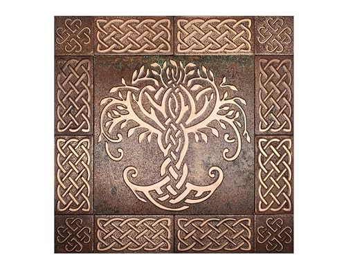 Handmade Copper with Brown Patina - Backsplash Tiles - Celtic Tree of Life - 23.62 x 23.62 Set of 13 Decorative Metal Tiles for Premium Wall Decor. Mural Artwork. and More