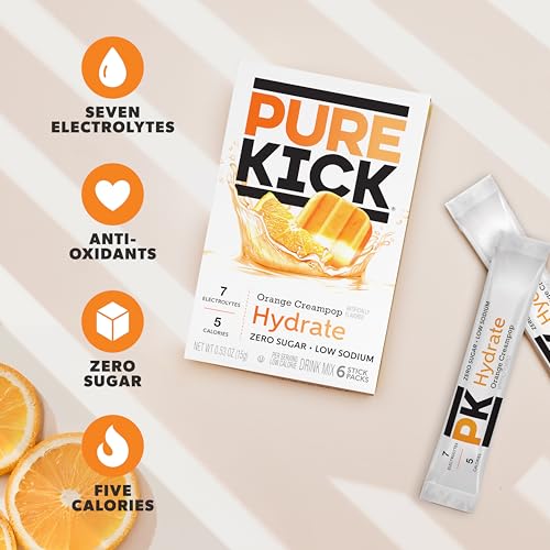 Image of Pure Kick Hydration Singles To Go Drink Mix, Orange Creampop, Includes 12 Boxes with 6 Packets in each Box, 72 Total Packets