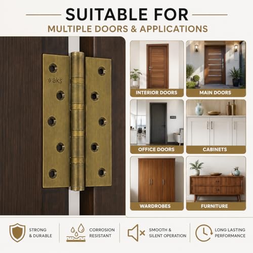 Image of AKS Stainless Steel Four Ball Bearing Hinges for Main Door, Office, Home & Bathroom Doors 6 Inch Length 3 Inch Width 3mm Thickness Hinges | 5 Years Warranty (Pack of 10, Antique Brass)