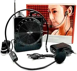 Amplificador de Voz Portátil Megafone Bluetooth 5.0 KB-150 com Microfone, Rádio FM, USB, Cartão de Memória, Headset Ajustável e Bateria Recarregável para Aulas, Palestras e Eventos (Azul)