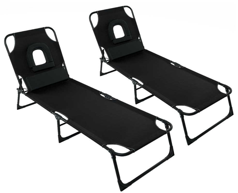 AbaseenBlack Foldable Sun Loungers for Garden Set of 2 | 4 Reclining Positions | Sun Lounger Chair with Padded Face Hole | Folding Metal Frame | Extra Cushions | NO Assembly Required