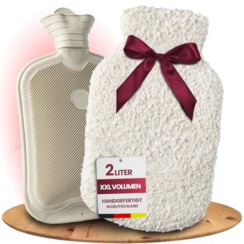 Kuschel Wärmflasche Made in Germany mit Bezug aus extra weicher Bio-Baumwolle - Teddy Wärmflasche Hot Water Bottle lange warm zur Schmerzlinderung -...