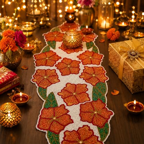 Image of Made for You Beautiful Handmade Floral Beaded 6 Seater Table Runner (Size-13x36 Inches, Multicolor, Rectangular)|Perfect for Centerpiece Runner|Living Room |Dining Room |Home & Kitchen| Party Dinners