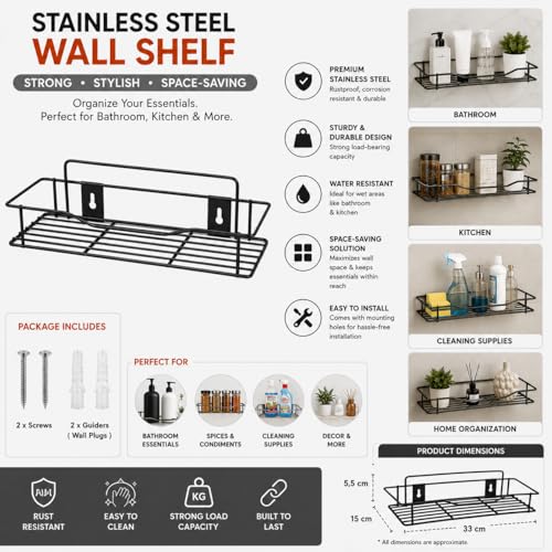 Image of Namani Stainless Steel Pack of 2 Wall Mount Shelves for Kitchen & Bathroom | Heavy Duty Storage Shelf for Spice Rack, Toiletries, Condiments & Home Organizer | Rustproof Metal Wall Shelf (Black-2)