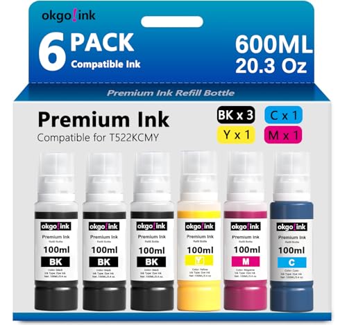 Compatible 522 Ink Refill Bottles T522 ET-2800 ET-4800 ET-2750 ET-2803 Replacement for Epsom (20.3 Fl Oz) for ET-2720 ET-2840 ET-4700 ET4800 ET-4810 3850 2760 2850 Ink (6 Pack, 600ml) Black Color