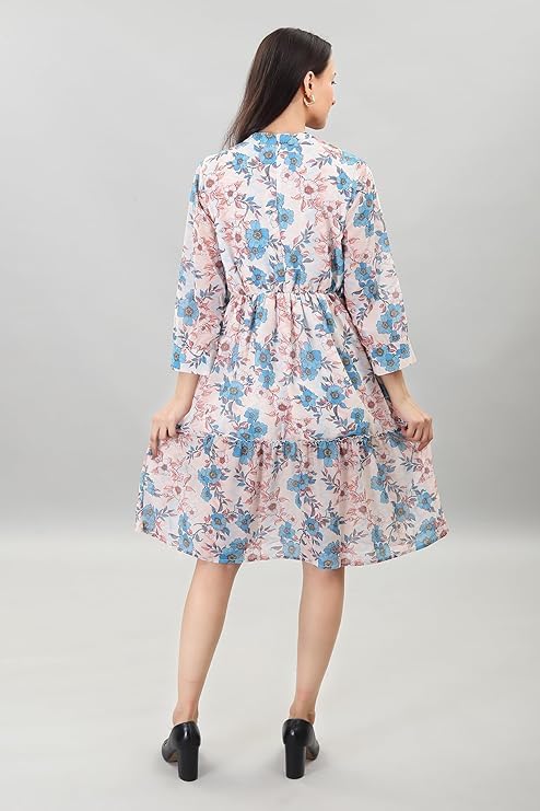 Image of A-Line Floral Printed Fit & Flared Western Brown Dress for Women | One Piece Midi Dress for Women Stylish Western Printed Dresses