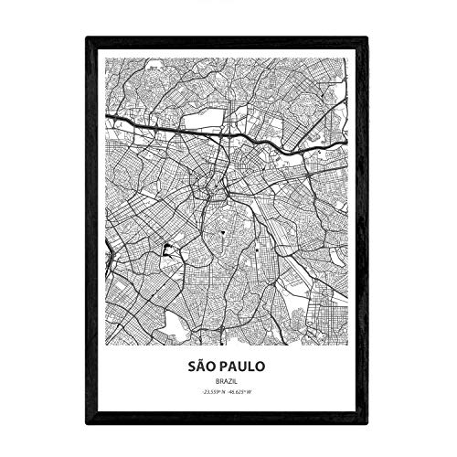 Nacnic Poster con mapa de Sao Paulo - Brazil. Láminas de ciudades de Latinoamérica con mares y ríos en color negro. Tamaño A3