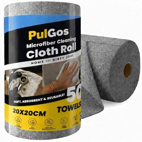 Image of PulGos 50pcs Microfiber Cleaning Cloth Roll - 20x20cm | 4000x Washable - Cheaper Than Regular Cloths - Ultra-Absorbent Lint-Free Rags | Tear-able Reusable Towels for Kitchen, Home, Car & Auto