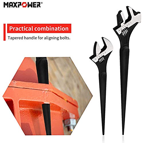 MAXPOWER Heavy Duty Wide Open Adjustable Wrench Set. 2 Piece Kitbag Set. 12-Inch Adjustable Spud Wrench, 16-Inch Reversible Jaw Adjustable Spud Wrench with Hammer Head and Pipe Wrench Function