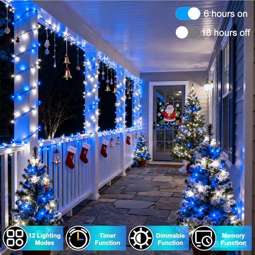 750 LED 256ft Outdoor Christmas Lights, Super Long String Light 8 Modes Timer Memory, Outsite Waterproof Dark Green Wire Fairy Light String for Xmas Tree Wedding Holiday Party Decorations Blue & White
