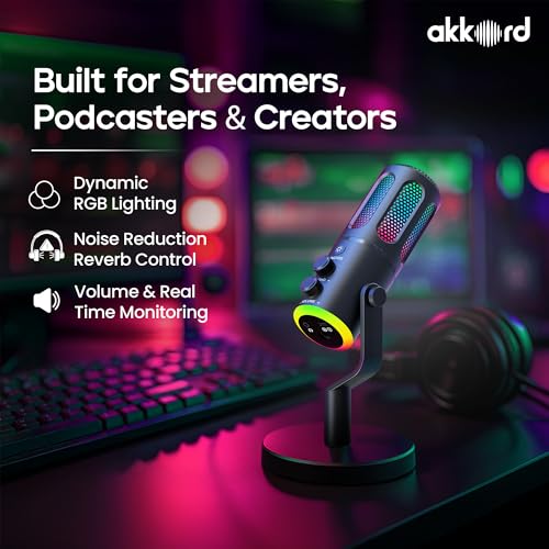 Image of Akkord USB Condenser Microphone with RGB Lights, Real-Time Monitoring, Noise Cancellation, Plug & Play USB-C Mic for PC, Mac, Android, iPad - Ideal for Podcasting, Gaming & Streaming