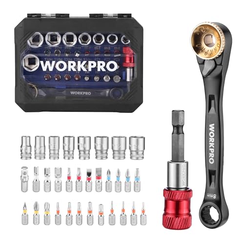 WORKPRO Coffret Douilles et Embouts 34 Pièces, Mini Clé à Cliquet 1/4