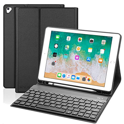 SENGBIRCH Teclado para iPad 2018,Funda Teclado Español para iPad Air 2/iPad Air/iPad 2018(6th Gen)/iPad 2017/iPad Pro 9.7 con Teclado Bluetooth Retroiluminado,con Protectora Soporte Smart Case,Negro